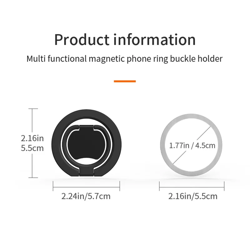 Magnetic Phone Ring Holder Double Sided Magnetic Folding Zinc Alloy Stand Car Mount with 360° Rotation - White