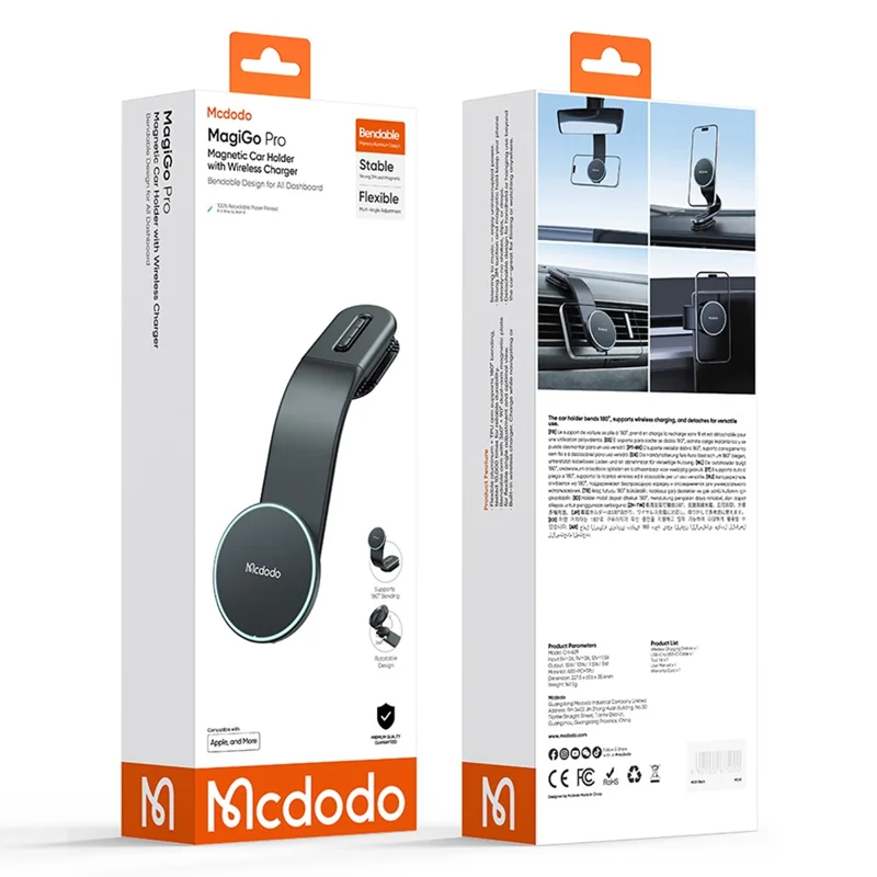 MCDODO CH-6290 MagiGo Pro Magnetic Car Holder 15W Fast Charging Station Wireless Charger Bendable Mount for Dashboard - Black