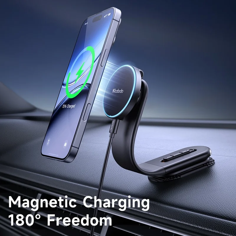 MCDODO CH-6290 MagiGo Pro Magnetic Car Holder 15W Fast Charging Station Wireless Charger Bendable Mount for Dashboard - Black