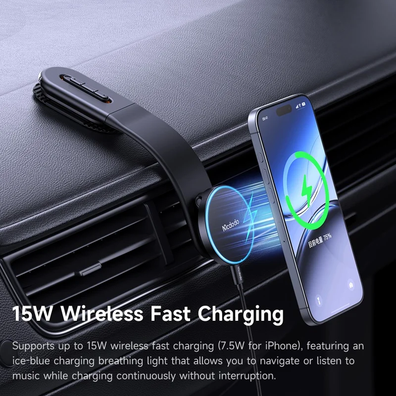 MCDODO CH-6290 MagiGo Pro Magnetic Car Holder 15W Fast Charging Station Wireless Charger Bendable Mount for Dashboard - Black