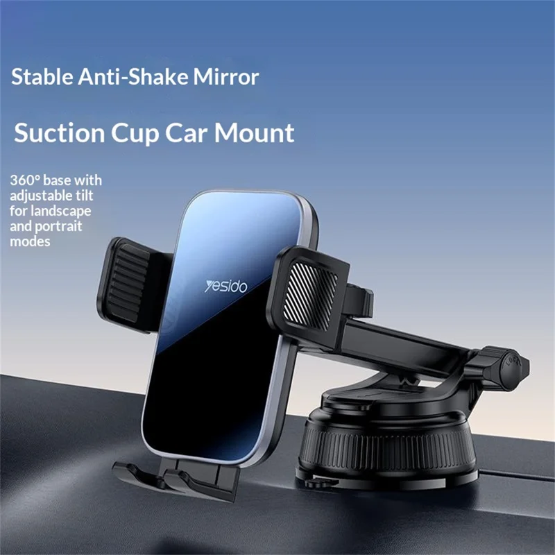 YESIDO C279 360° Rotating Car Phone Holder Suction Cup Mount Dashboard Windshield Stand Adjustable Bracket - Black