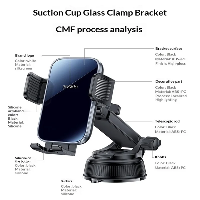 YESIDO C279 360° Rotating Car Phone Holder Suction Cup Mount Dashboard Windshield Stand Adjustable Bracket - Black
