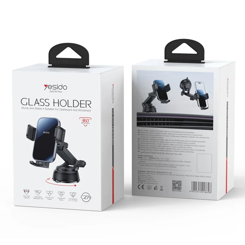 YESIDO C279 360° Rotating Car Phone Holder Suction Cup Mount Dashboard Windshield Stand Adjustable Bracket - Black