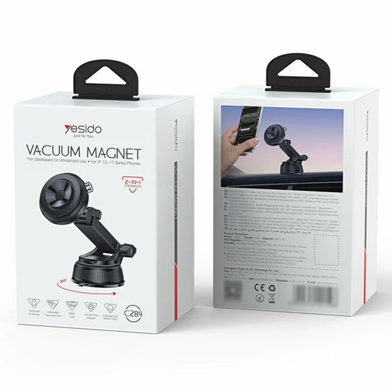 YESIDO C284 2 in 1 Vacuum Suction Magnetic Car Phone Mount 360 Degree Rotation for Dashboard / Windshield - Black