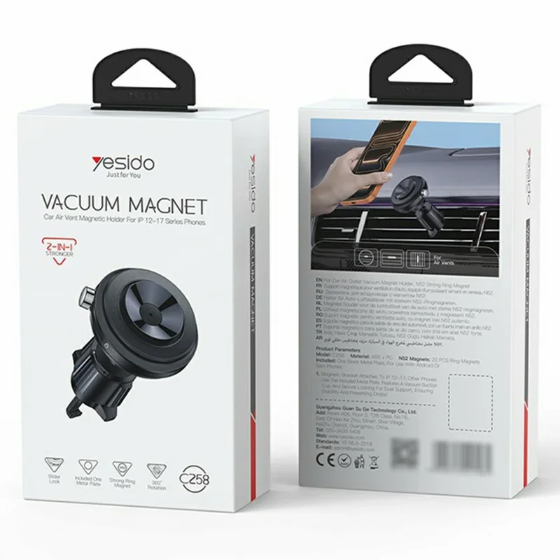 YESIDO C258 Magnetic Vacuum Suction 2 in 1 Car Air Vent Phone Mount Cellphone Bracket - Black