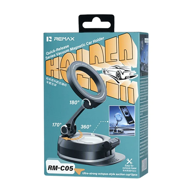 REMAX RM-C05 Magnetic Car Phone Holder with Vacuum Suction Base + Nano Adhesive Base - Black