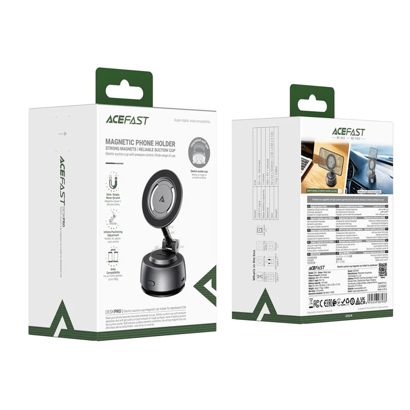 ACEFAST E54 Electric Suction Cup Magnetic Car Phone Holder 360° Rotation Dashboard Mount - Metal Grey