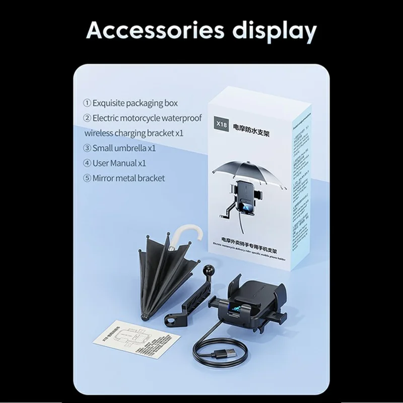 X18 15W Wireless Charging Phone Mount Waterproof 360-Degree Rotation for Electric Motorcycles - Black