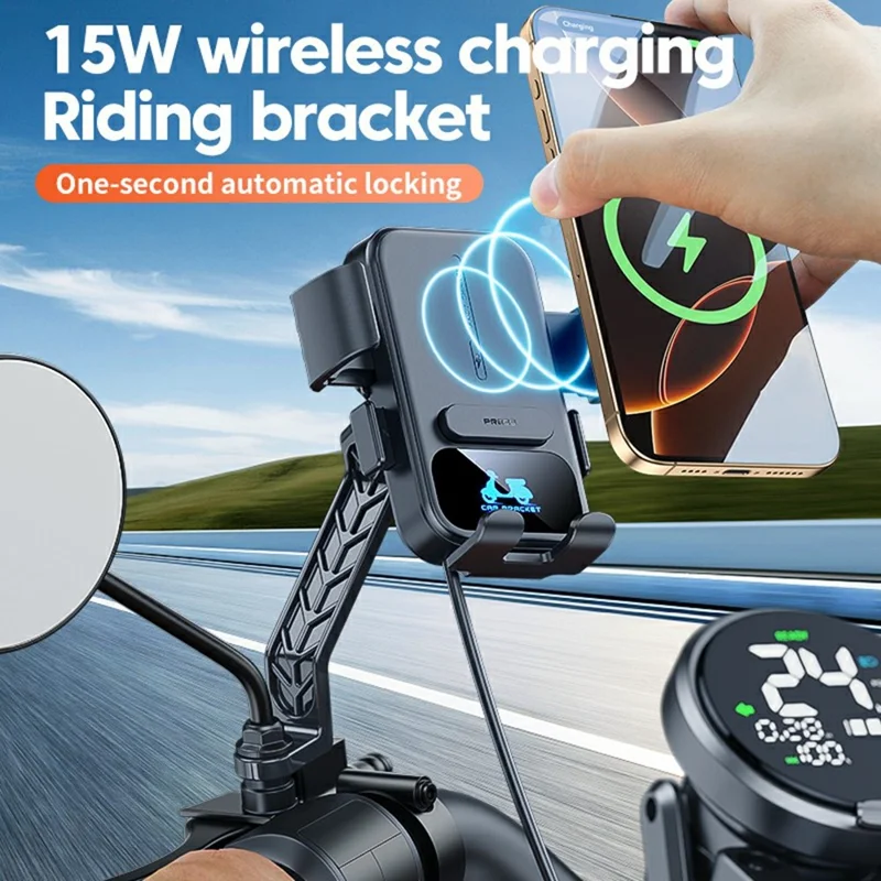 X18 15W Wireless Charging Phone Mount Waterproof 360-Degree Rotation for Electric Motorcycles - Black