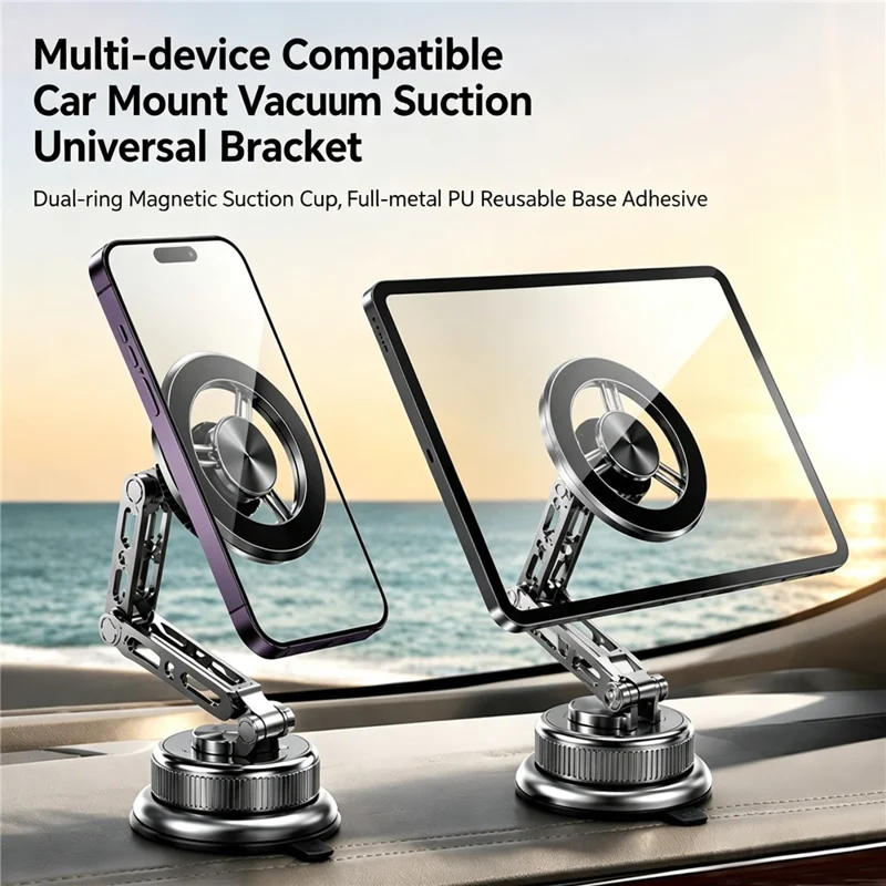 CX-08 Vacuum Suction Phone Holder 360 Degree Rotating Foldable Magnetic Mount for Dashboard - Silver