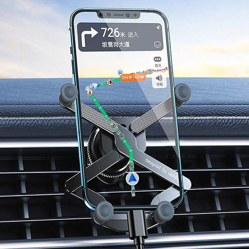 OATSBASF x03 Mini Folding Aluminum Alloy Car Phone Holder Automatic Locking Gravity Phone Bracket - Adhesive Mount / Black