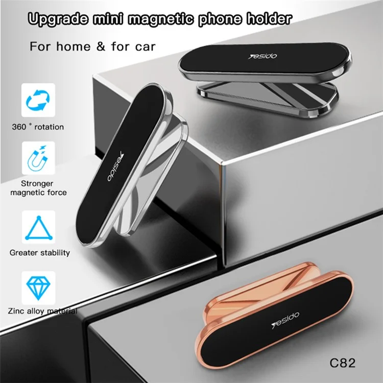 YESIDO C82 Magnetic Car Phone Holder Stand 360 Degrees Rotating Zinc Alloy Cellphone Bracket - Dark Grey
