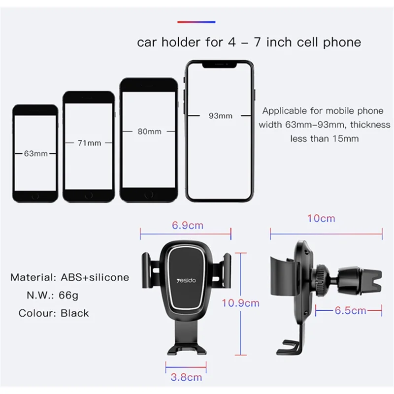 YESIDO C71 Car Phone Holder Rotatable Vehicle Air Outlet Mount Cellphone Stand Bracket