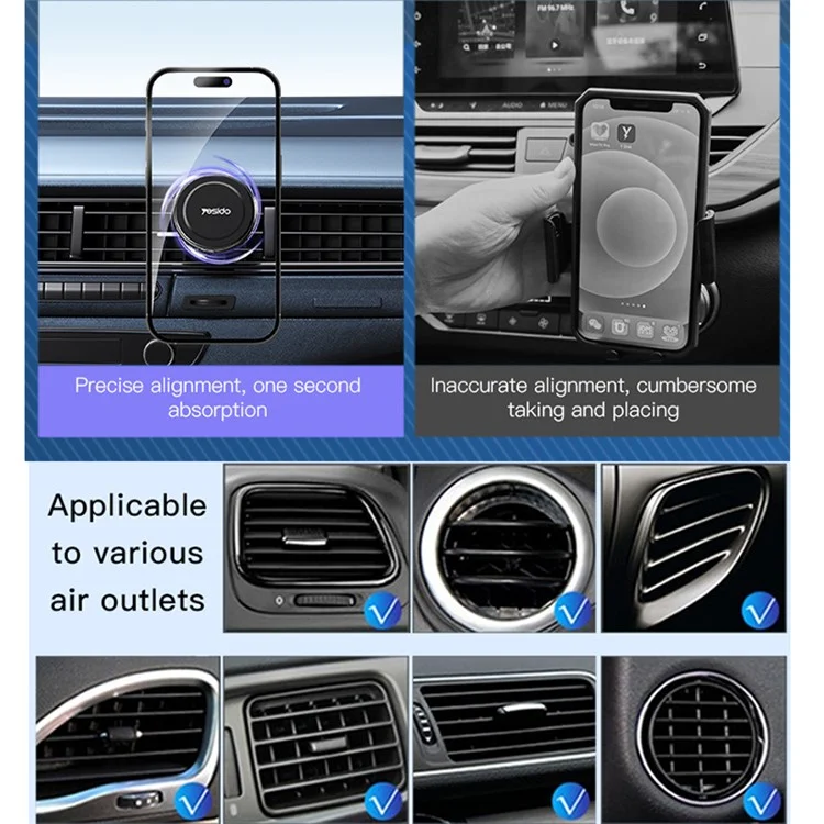 YESIDO C126 For iPhone 12 / 13 / 14 Zinc Alloy Car Magnetic Phone Holder 720 Degree Rotation Adhesive Bracket