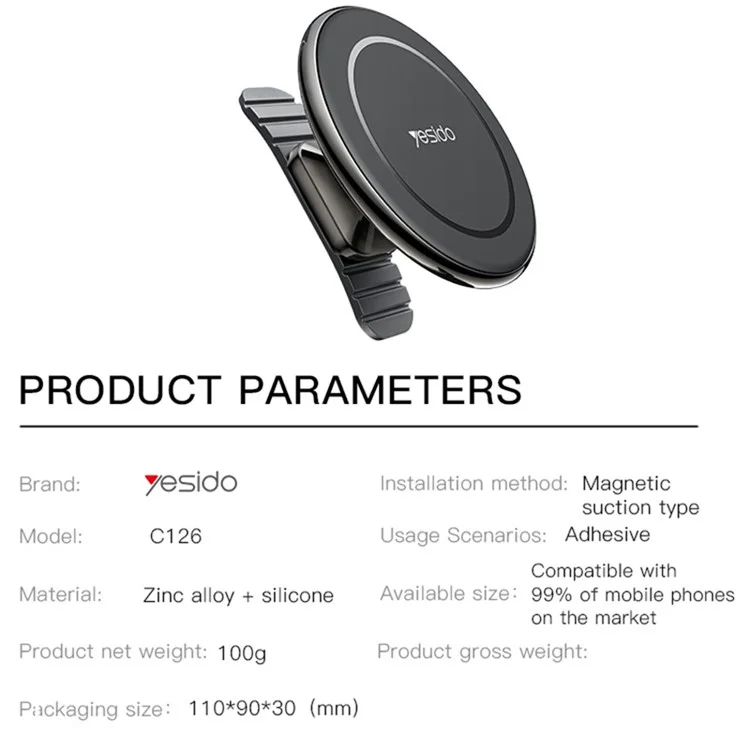 YESIDO C126 For iPhone 12 / 13 / 14 Zinc Alloy Car Magnetic Phone Holder 720 Degree Rotation Adhesive Bracket