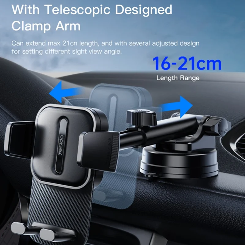YESIDO C174 Car Dashboard Windshield Telescopic Arm Phone Holder ABS Rotatable Suction Cup Bracket