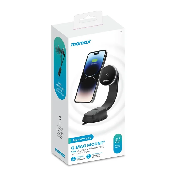 MOMAX Q.MAG MOUNT 5 CM25B Magnetic Wireless Car Charger Holder Air Vent Flexible Bracket 15W Phone Charger Mount (Dark Grey)