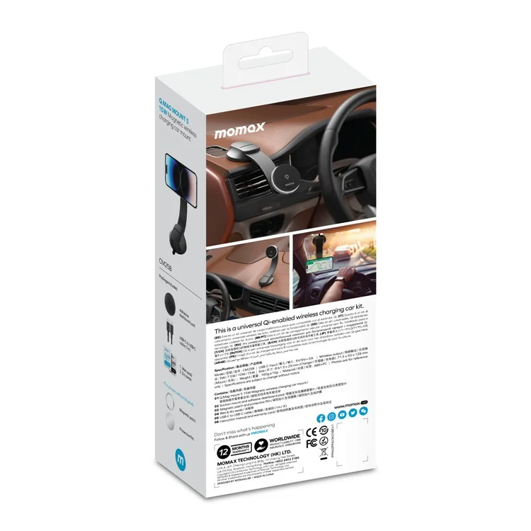 MOMAX Q.MAG MOUNT 5 CM25B Magnetic Wireless Car Charger Holder Air Vent Flexible Bracket 15W Phone Charger Mount (Dark Grey)