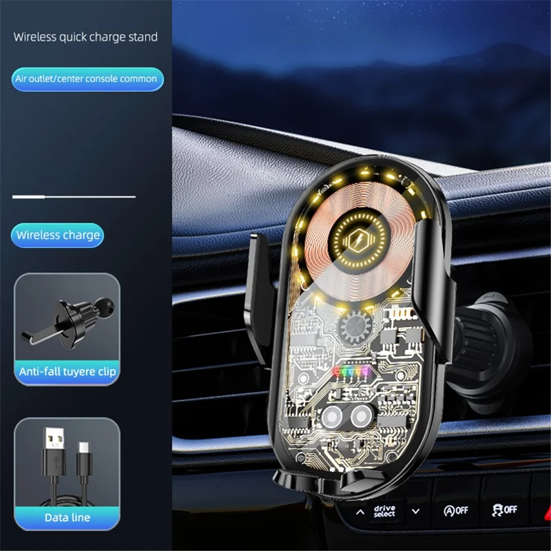 C12 Car Wireless Charger Phone Holder Intelligent Induction Clamping Creative Transparent Phone Charger Mount - Black