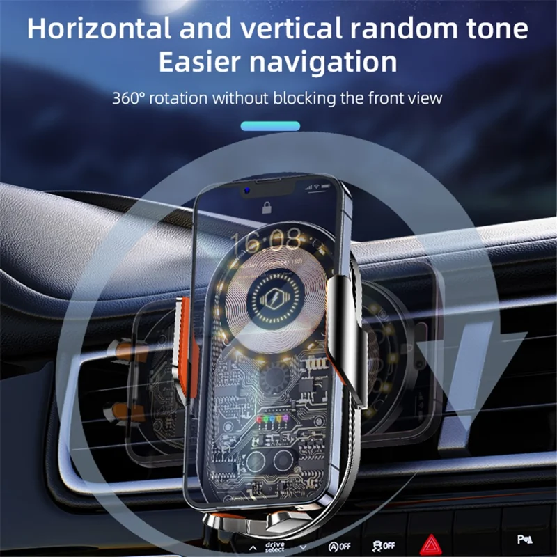 C12 Car Wireless Charger Phone Holder Intelligent Induction Clamping Creative Transparent Phone Charger Mount - Black