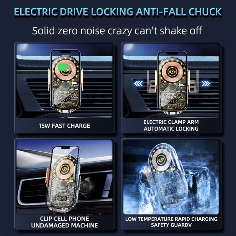 C12 Car Wireless Charger Phone Holder Intelligent Induction Clamping Creative Transparent Phone Charger Mount - Black