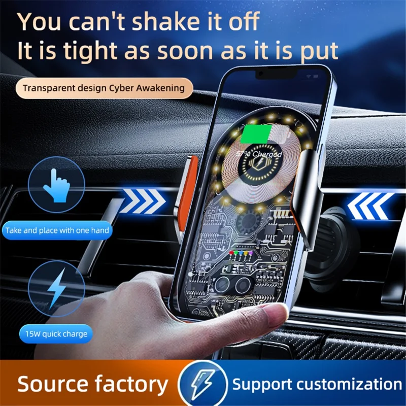 C12 Car Wireless Charger Phone Holder Intelligent Induction Clamping Creative Transparent Phone Charger Mount - Black