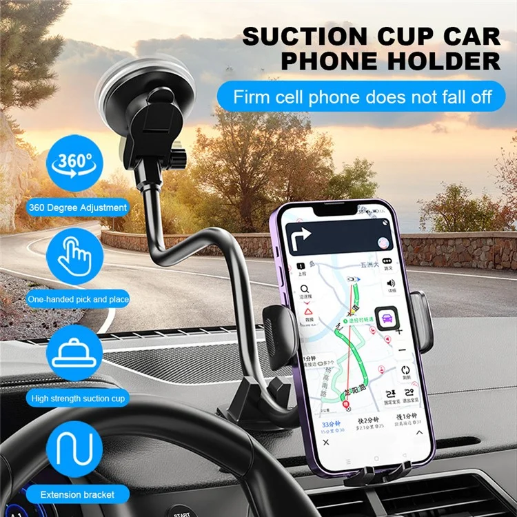 X034 Gen. 10th Adjustable Windshield Suction Cup Phone Mount für Universal Truck Bus Dashboard Flexible Car Phone Holder - Schwarz
