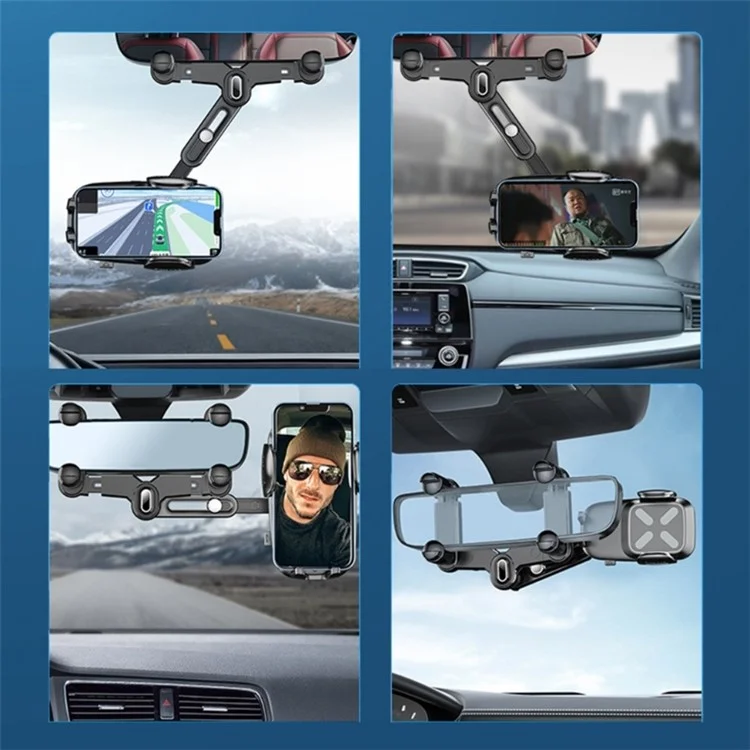 R010 Multifunctional Retractable Cell Phone Car Mount Universal Vehicle Rearview Mirror Phone Holder - Black