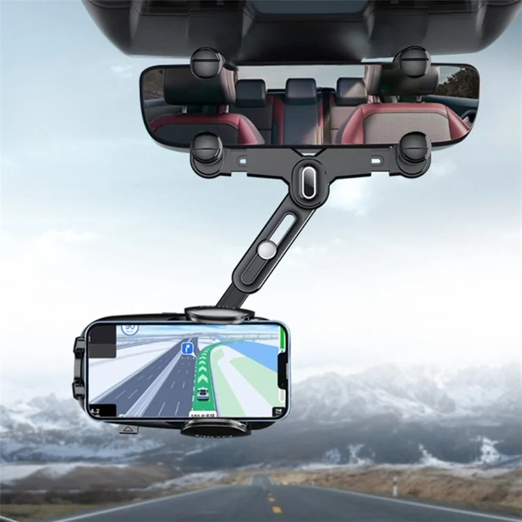 R010 Multifunctional Retractable Cell Phone Car Mount Universal Vehicle Rearview Mirror Phone Holder - Black