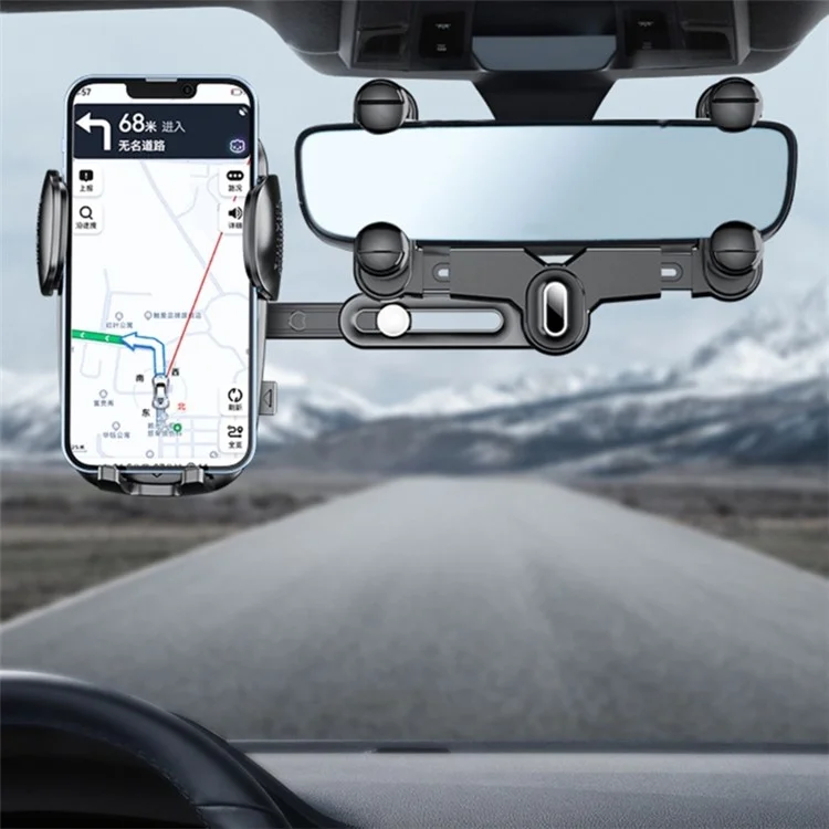 R010 Multifunctional Retractable Cell Phone Car Mount Universal Vehicle Rearview Mirror Phone Holder - Black