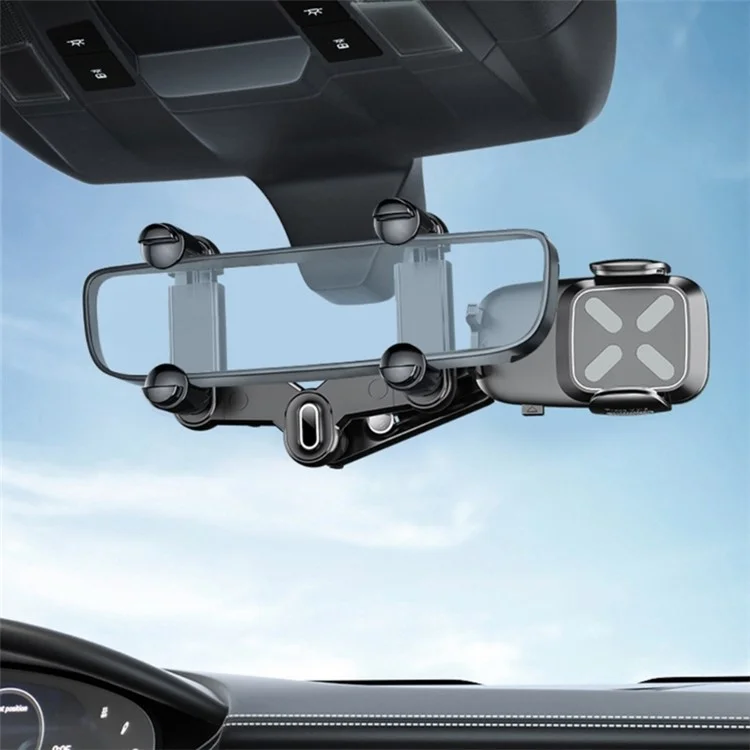 R010 Multifunctional Retractable Cell Phone Car Mount Universal Vehicle Rearview Mirror Phone Holder - Black
