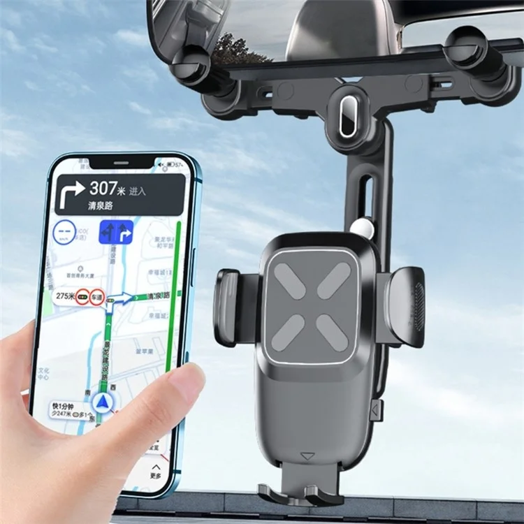 R010 Multifunctional Retractable Cell Phone Car Mount Universal Vehicle Rearview Mirror Phone Holder - Black