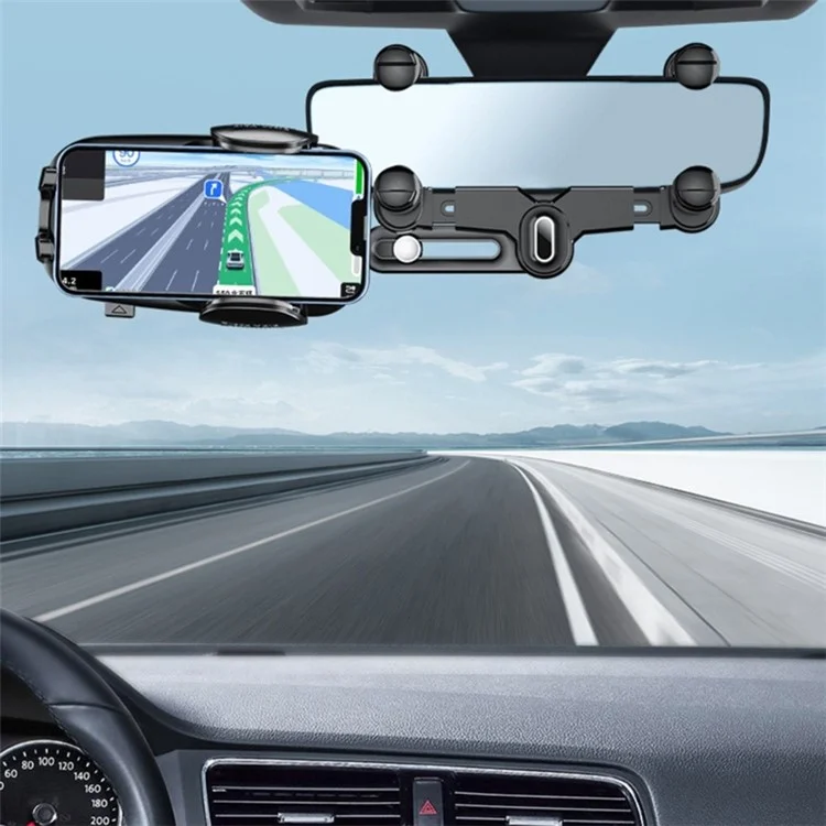 R010 Multifunctional Retractable Cell Phone Car Mount Universal Vehicle Rearview Mirror Phone Holder - Black