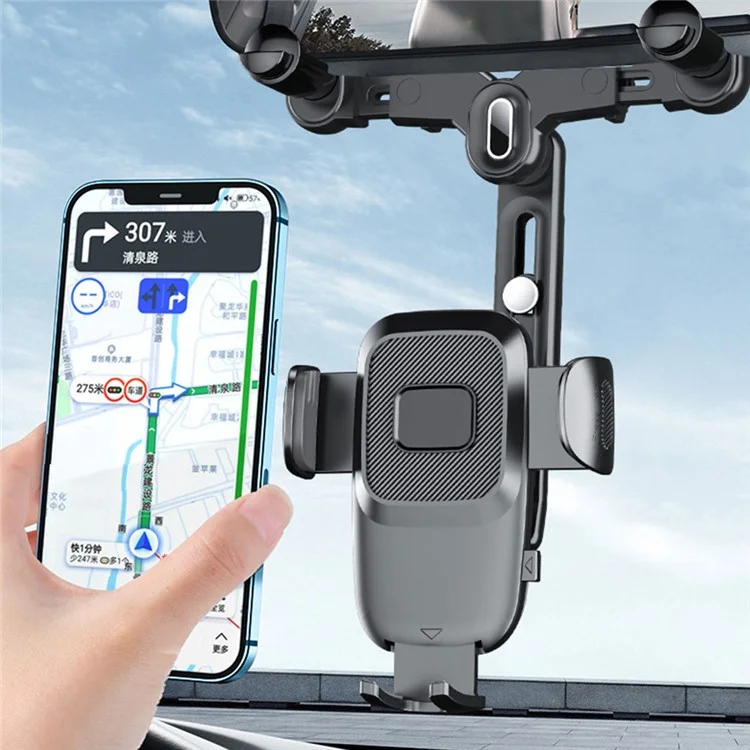 R009 Multifunctional Car Rearview Mirror Cell Phone Mount Universal Vehicle Retractable Phone Clip Holder - Black