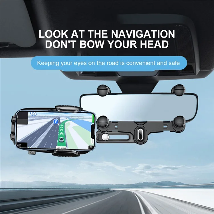 R009 Multifunctional Car Rearview Mirror Cell Phone Mount Universal Vehicle Retractable Phone Clip Holder - Black