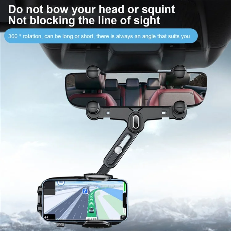R009 Multifunctional Car Rearview Mirror Cell Phone Mount Universal Vehicle Retractable Phone Clip Holder - Black