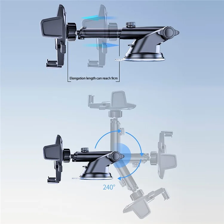 D39+105 Suction Cup Base Telescopic Arm Automatic Clamp Car Phone Holder Bracket with Air Vent Clip