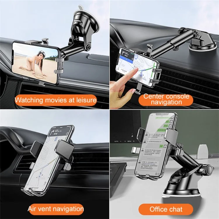D25+105+K5 Telescopic Suction Cup Dashboard Phone Mount Air Vent Car Phone Holder Auto Locking Car Phone Clip - Black