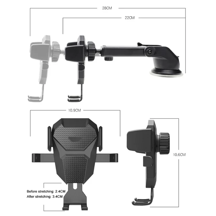 D25+105+K5 Telescopic Suction Cup Dashboard Phone Mount Air Vent Car Phone Holder Auto Locking Car Phone Clip - Black