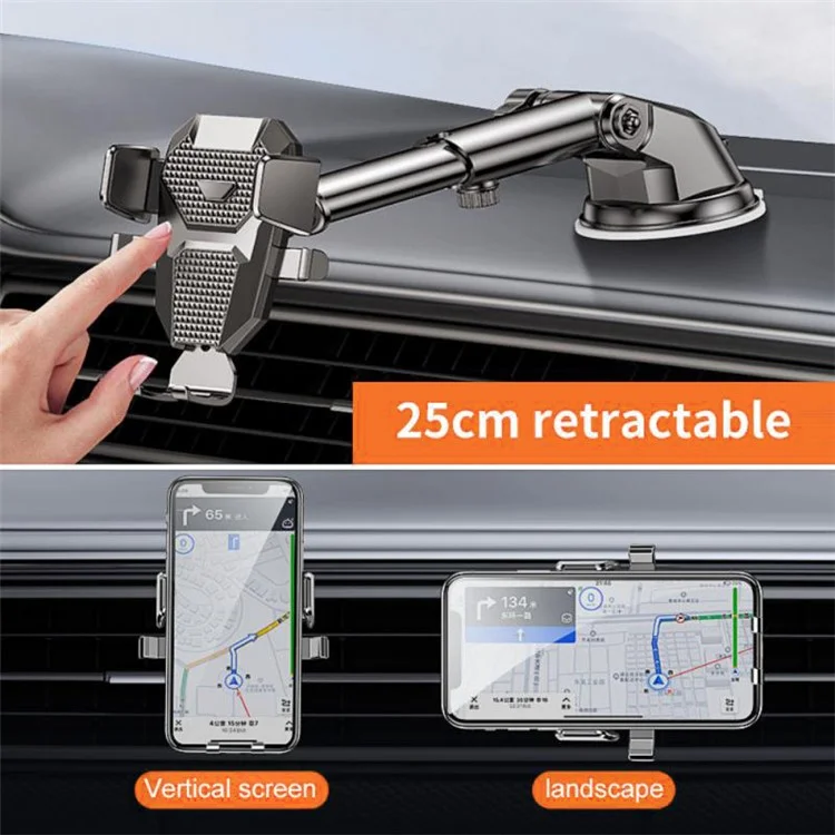 D25+105+K5 Telescopic Suction Cup Dashboard Phone Mount Air Vent Car Phone Holder Auto Locking Car Phone Clip - Black
