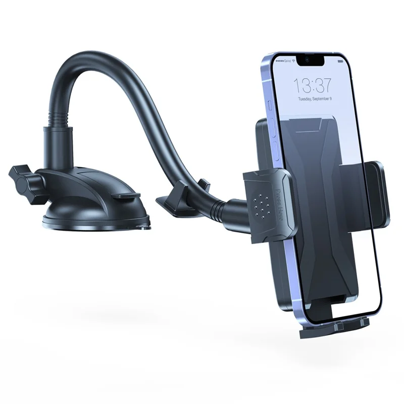 L005L+M006 Car Bendable Long Arm Cell Phone Holder Bracket with Suction Cup Base - Black