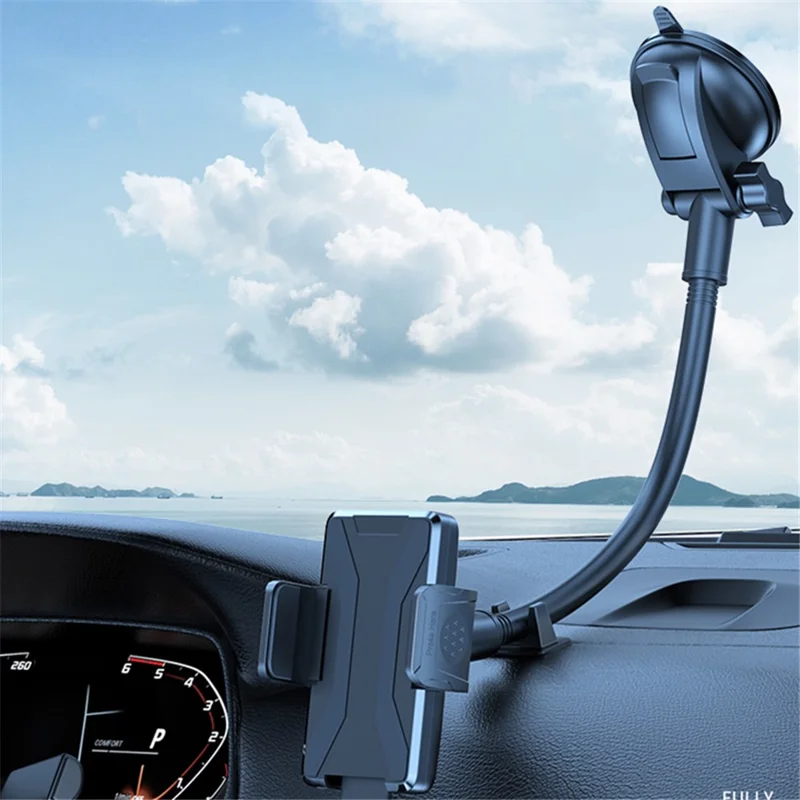 L005L+M006 Car Bendable Long Arm Cell Phone Holder Bracket with Suction Cup Base - Black