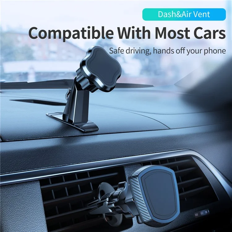 L004+T002 Adhesive Car Dashboard Mout Clover Shape Magnetic Phone Holder Bracket - Black