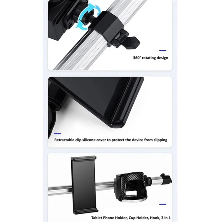 3-in-1 Car Back Seat Phone Tablet Holder Cup Holder Hanging Hook Headrest Mount Multifunction Bracket