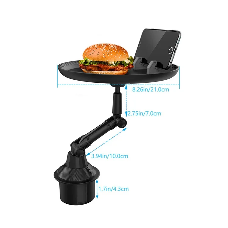Suporte Ajustável de Copo e Bandeja para Carro QIPU C003 com Suporte de Telefone e Base Giratória de 360 Graus - Estilo Longo