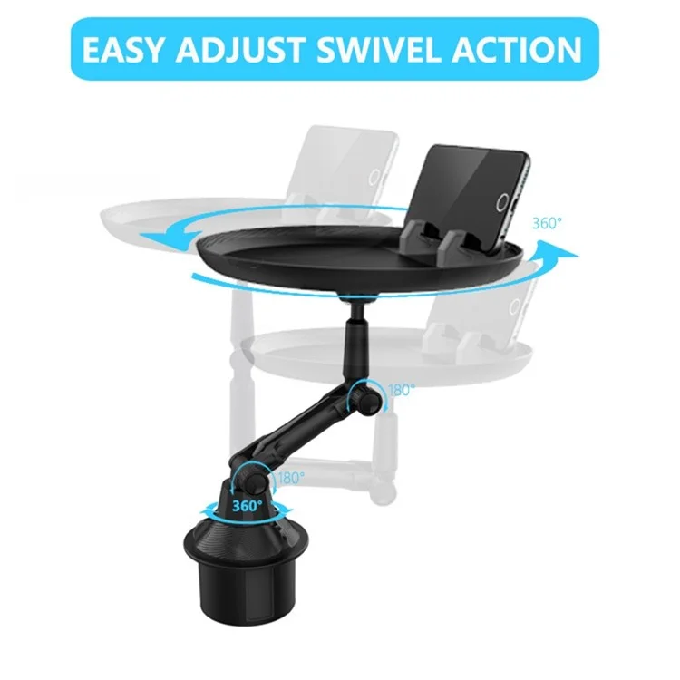 Suporte Ajustável de Copo e Bandeja para Carro QIPU C003 com Suporte de Telefone e Base Giratória de 360 Graus - Estilo Longo