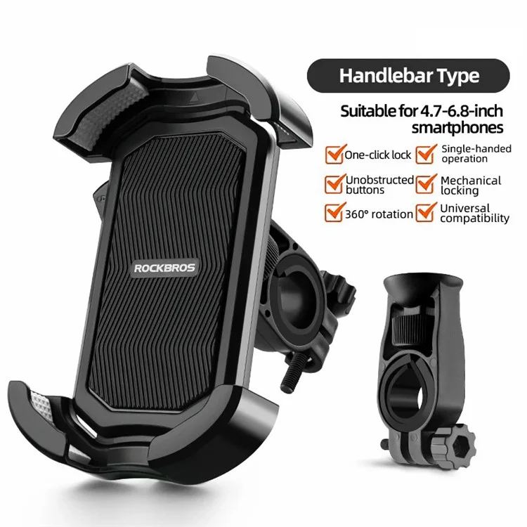 ROCKBROS HW-128 Suporte de Telefone para Bicicleta E-Bike, Suporte de Telefone para Motocicleta à Prova de Choque - Preto / Guidão