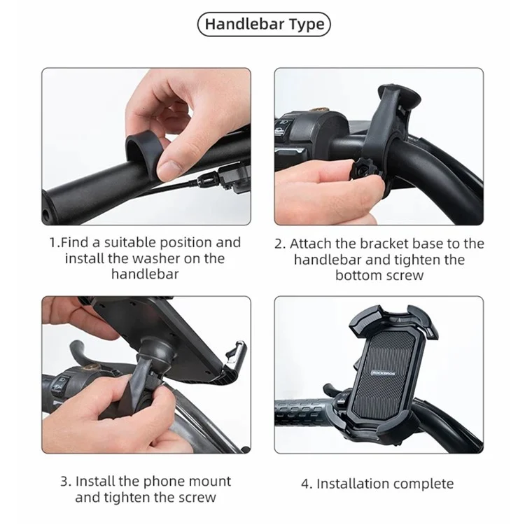ROCKBROS HW-128 Suporte de Telefone para Bicicleta E-Bike, Suporte de Telefone para Motocicleta à Prova de Choque - Preto / Guidão