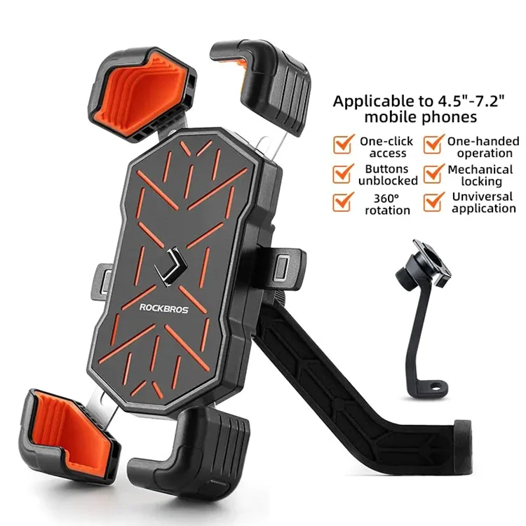 Rockbros HW-117 Soporte de Teléfono Celular de Bicicleta Electrónica Bicicleta de Motocicleta Soporte de Teléfono de Liberación Rápida Para Dispositivos de 4.5 "-7.2" - Naranja / Espejo Retrovisor