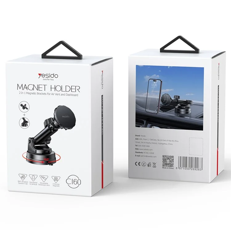 YESIDO C160 360 Degree Rotation Car Sucker Mount Magnetic Mobile Phone Holder with Air Vent Clip